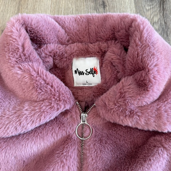 Miss Selfie Pink Faux Fur Bomber Jacket Mauve Pink Collared Size Large EUC - Picture 3 of 9